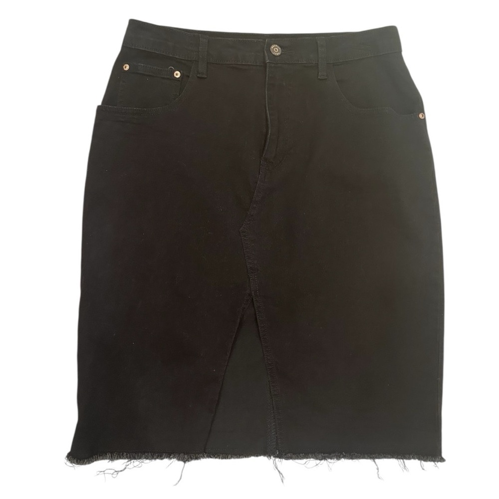 Black Denim Skirt Raw Hem Front Slit Boho Grunge Western Neutral  Sz 9/28